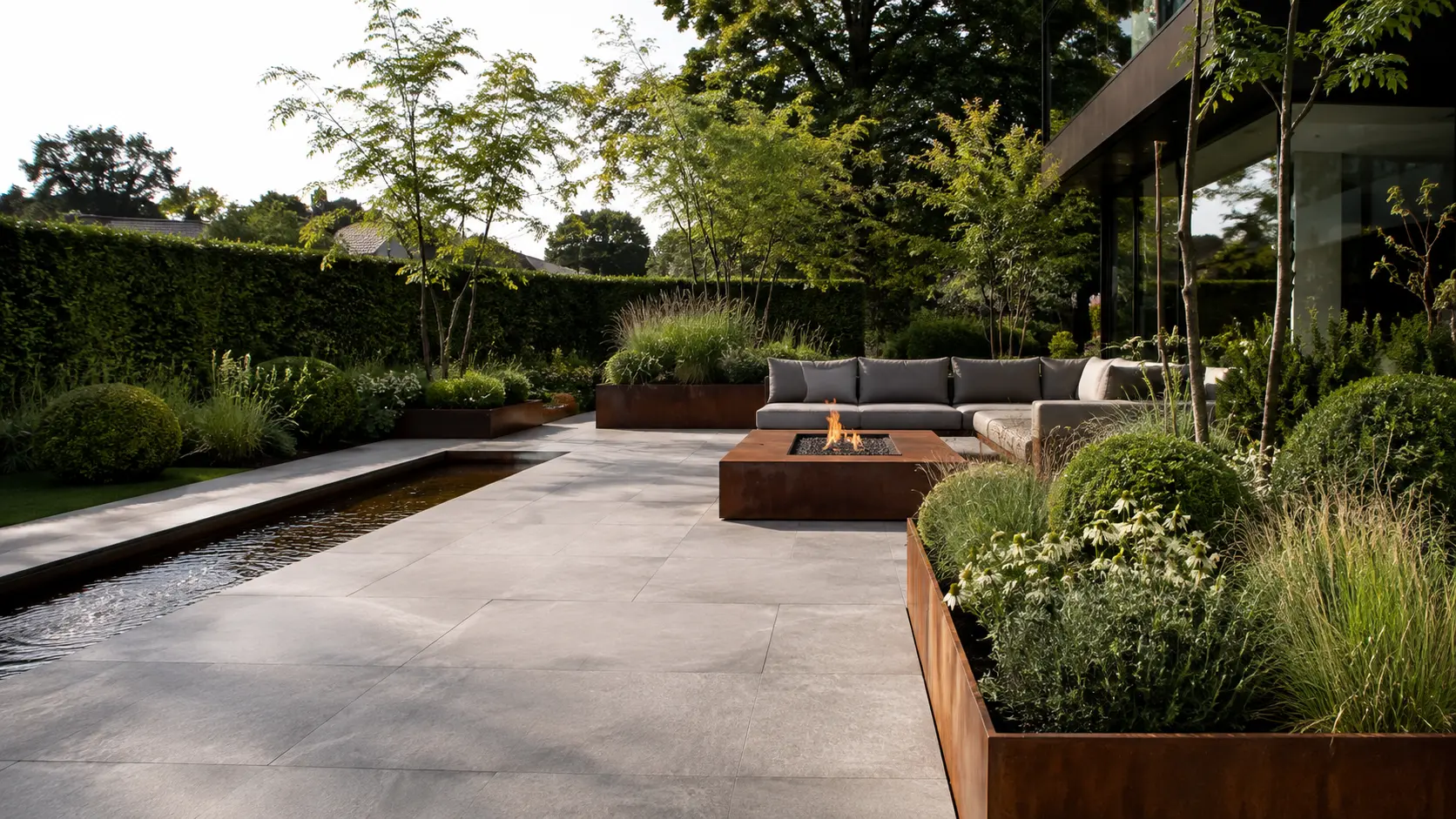 Tuin met cortenstalen plantenbakken, waterelement en vuurtafel